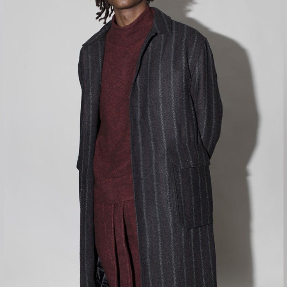 Twenty Montreal Men’s Honore Chalk Stripe Woven Overcoat in Charcoal